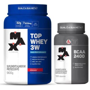 Imagem de Kit Top Whey 3W 900g Morango + BCAA 2400 100 caps - Max Titanium