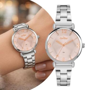 Imagem de Relógio Analógico Feminino Prata e Rosa com Caixa e Pulseira de Aço In