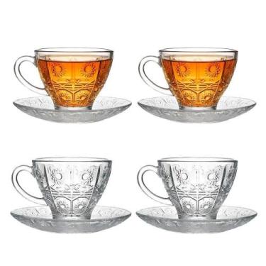 Imagem de Jogo 4 Xícara De Chá Vidro Transparente Com Pires Bohemia Café Relevo 