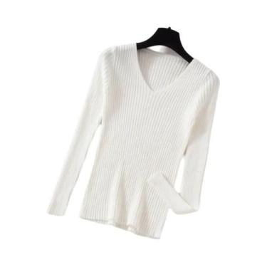 Imagem de Suéter Feminino De Tricô Gola V Manga Longa Para Outono Inverno - Blus
