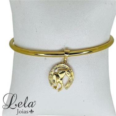 Imagem de Bracelete liso com pingente ferradura com cavalo folheado em ouro 18k 