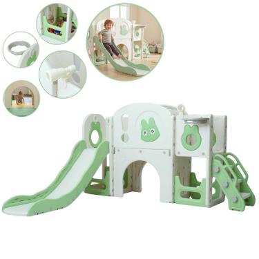 Imagem de Playground Infantil 5x1 Plástico Escorregador Ponte Cesta 2 Multifuncional Verde Brinqway Bw467