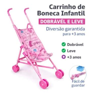 Imagem de Carrinho de Boneca Dobrável Infantil Rosa Seguro, Leve e Dobrável Brin