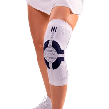 Imagem de Joelheira Esportiva Pro N1 Sport com Estabilização Avançada e Suporte Funcional Branco e Azul 15CM