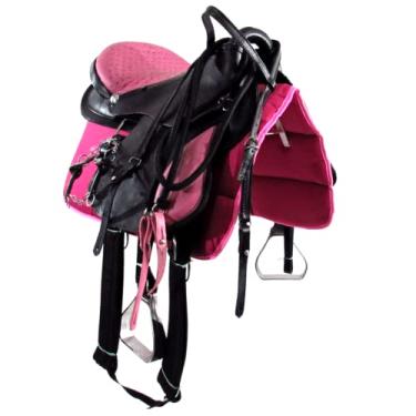 Imagem de Sela Australiana De Arco Preta e Rosa Inox Luxo 16 Polegadas + Acessórios