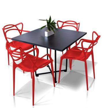 Imagem de Kit 04 Cadeiras Vermelho e 01 Mesa de Jantar 04 Lugares 90cm Preto