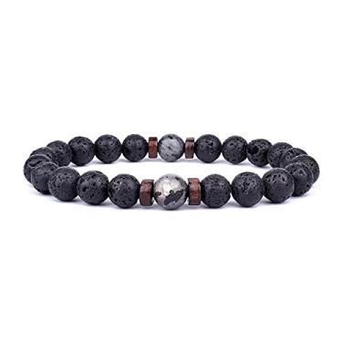 Imagem de Pulseira de pedra vulcânica para homens pulseira de contas de madeira vulcânica de 8 mm corrente de pulso Buda tibetano mulheres homens joias presente novas pulseiras (E)
