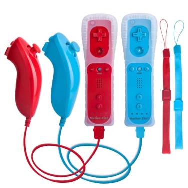 Imagem de Wii Controller, Conjunto de 2 pares Wii Remote com Nunchuck,Pega de joystick vermelha e azul para Wii e Wii U