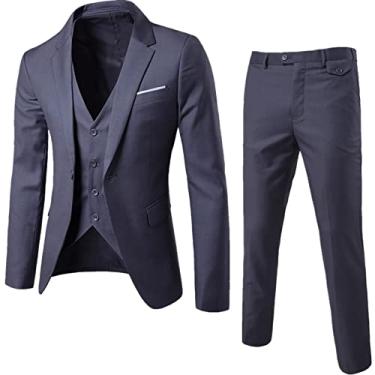 Imagem de Blazer masculino trespassado slim fit calça colete 3 peças conjuntos de terno elegante formal negócios blazer jaquetas calças roupas, cinza, P