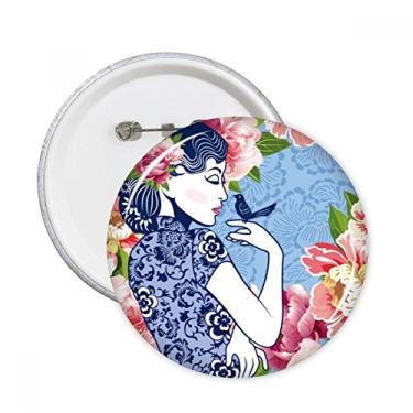 Imagem de Crachá de flor de pássaro chinês com broche redondo para decoração de roupas, presente 5 peças