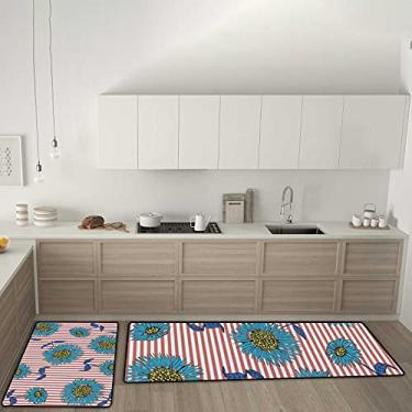 Imagem de Tapetes de cozinha com flores listradas, rosa, branco, antiderrapante, conjunto de 2 tapetes, tapete confortável antifadiga para sala de jantar, lavanderia, escritório
