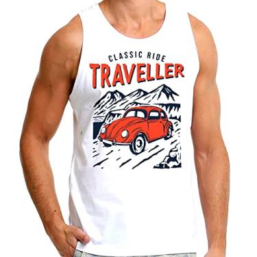 Imagem de Camiseta Masculina Regata Branca Carro Fusca Vermelho Viagem Montanhas Traveller (as2, alpha, m, regular)