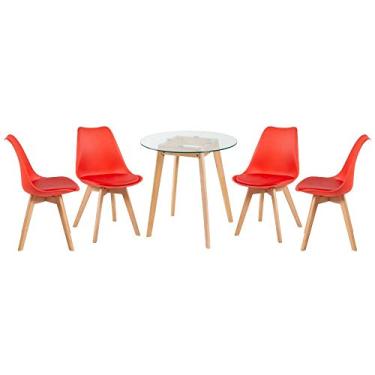 Imagem de Loft7, Mesa redonda com tampo de vidro 70 cm + 4 cadeiras Leda Vermelho