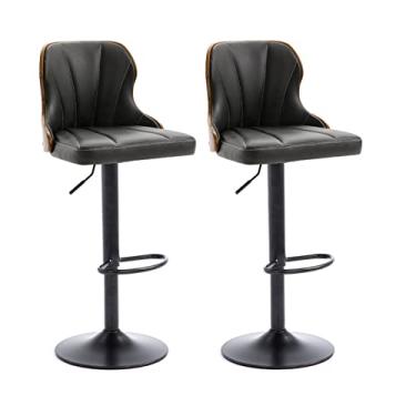 Imagem de Cadeiras de jantar cadeiras de sala de jantar conjunto de 2 bancos de bar com almofada macia PU painel traseiro de madeira maciça, banquetas giratórias ajustáveis, bancos de balcão de encosto alto Tudo está bem