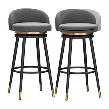 Imagem de Cadeiras de jantar cadeiras de sala de jantar banquetas de bar giratórias elegantes com pernas pretas conjunto de 2, cadeira de bar de café da manhã de cozinha moderna, banqueta de bar alta de veludo, altura do assento 65/75 cm Tudo está bem