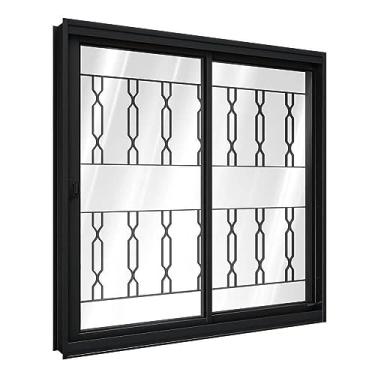 Imagem de Janela de Correr de Aço 100 x 120 x 12 cm Preto 2 Folhas Esquerda Grade Mosaico Riobras Pronta