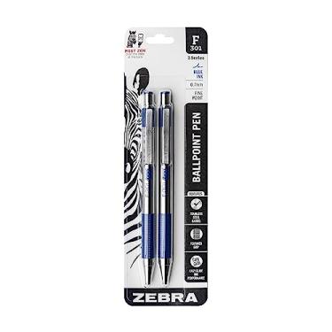 Imagem de Zebra® F-301 Canetas esferográficas retráteis de aço inoxidável, ponta fina, 0,7 mm, barril de aço inoxidável, tinta azul, pacote com 2
