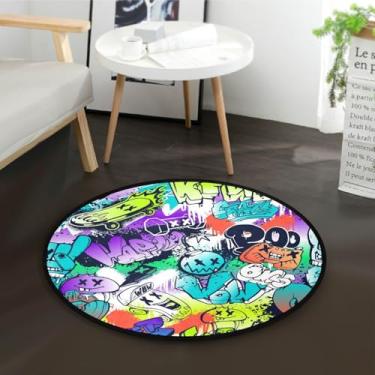 Imagem de Tapete redondo engraçado de desenho de graffiti colorido para quarto tapetes antiderrapantes tapete circular macio para decoração de quarto