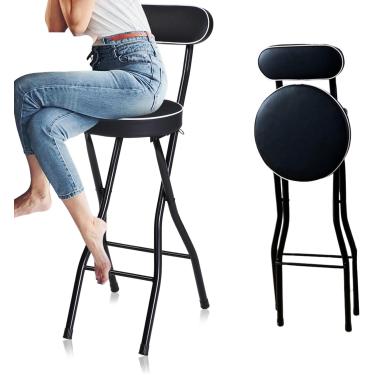 Imagem de Banqueta de bar dobrável redonda acolchoada 70cm/75cm, cadeira alta para adultos com encosto, cadeira de cozinha dobrável portátil, preta, 75cm/30 pol. 16Serene