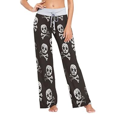 Imagem de JUNZAN Calça de pijama feminina monocromática Star Skull Calças de pijama longas com desenho elástico, Caveira estrela monocromática, M