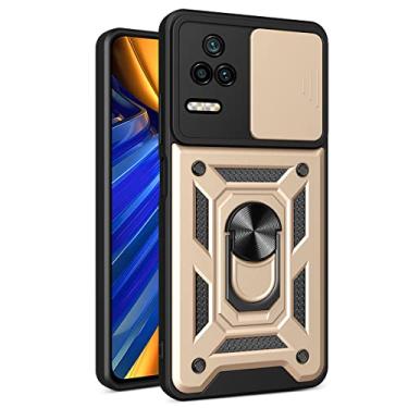Imagem de CCSmall Capa resistente para Xiaomi Poco F4 5G com janela de câmera deslizante, capa de telefone de proteção resistente com suporte de anel para Xiaomi Poco F4 SJ Gold
