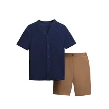 Imagem de Floerns Conjunto de 2 peças de camisa de manga curta para meninos com shorts, Azul e marrom, 8Y