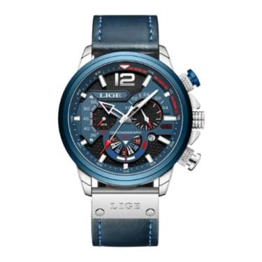 Imagem de Relógio de pulso, analógico, movimento de quartzo, cronógrafo, LIGE LG8959, com pulseira de couro cor azul e 90 dias de garantia de fabricação.