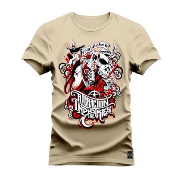 Imagem de Camiseta Casual Malha Confortável Estampada Rock Festable Bege G