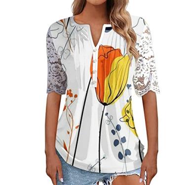 Imagem de Top Henley de verão para mulheres, renda, manga curta, gola V, túnica franzida, ajuste solto, blusa casual estampada Camiseta gráfica Camiseta feminina com Flor L34-Laranja X-Large