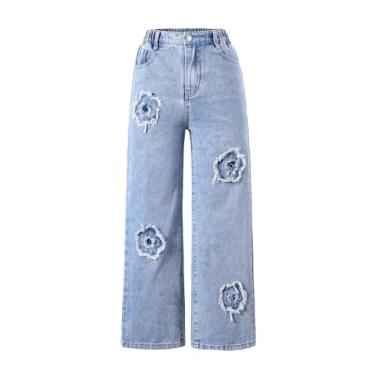 Imagem de Verdusa Calça jeans feminina cintura elástica acabamento cru perna larga calça jeans casual solta, Lavagem leve, 11 Years