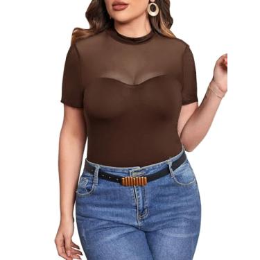 Imagem de WDIRARA Camiseta feminina plus size de malha transparente gola redonda casual manga curta tops, Marrom café, 3G Plus Size