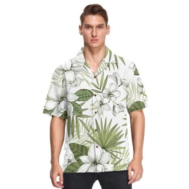 Imagem de Camisas de botão havaianas masculinas manga curta flor tropical jasmim branco frangipani camisas esportivas de Playa para, Flor tropical jasmim branco Frangipani, M