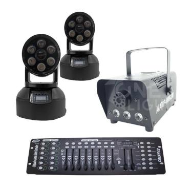 Imagem de Kit 2 Mini Moving Wash + Máquina De Fumaça + Mesa Dmx 512
