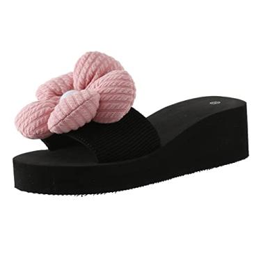 Imagem de ZHONKUI Sandálias femininas com plataforma de verão, casual, confortável, tecido pérola, flor, plataforma, sandálias deslizantes, rosa, 35