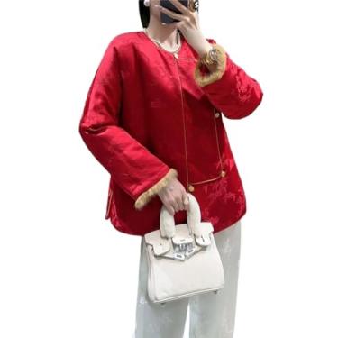 Imagem de JYHBHMZG Jaqueta feminina grossa outono e inverno estilo chinês bordado elegante casaco feminino, Vermelho, M