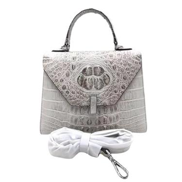 Imagem de Bolsa feminina de couro de jacaré exótico de couro de crocodilo genuína, moderna, tamanho médio, bolsa de ombro de três vias, Branco