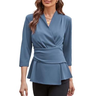 Imagem de GRACE KARIN Blusa feminina peplum 2024 elegante com decote em V e manga 3/4, blusa de trabalho lisa, gravata na cintura, camisas casuais de negócios, Cinza, azul, G