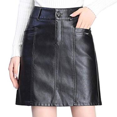 Imagem de ERTYUIO Saia curta lingerie saia de meio comprimento feminino cintura alta slim A-Line pacote quadril pequena saia de couro saia curta, A, XXG