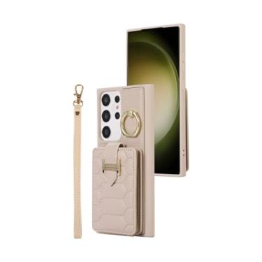 Imagem de Capa de couro flip vertical com cordão para Samsung Galaxy S23 Ultra S22 Plus S21 S20 FE A14 A54 Z Fold 5 4 3 Capa de metal para cartão carteira, bege, para Samsung A53 (5G)