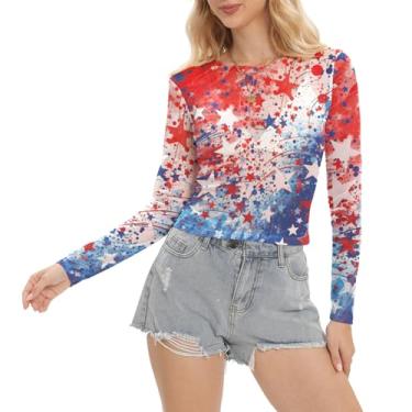 Imagem de Kasopp Camiseta feminina de malha de verão com a bandeira americana do Dia da Independência estampada camiseta cropped manga longa slim legal, Multicolorido 2, P