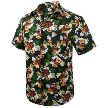 Imagem de Camisa masculina havaiana manga curta Aloha floral tropical casual camisa de botão camisas verão praia para férias, Preto/Ukulele e flor, 4G