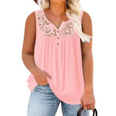 Imagem de ROSRISS Camisetas regatas plus size verão sem mangas Henley gola V botões acima renda plissada rodada túnicas, 06_rosa claro, 5XG