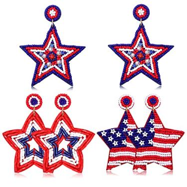 Imagem de Brincos de 4 de julho, brincos patrióticos com contas com bandeira americana para mulheres, brincos com pingente de coração com estrela e letra dos EUA, acessórios para o Dia da Independência Americana, 4 de julho, Zinco Zinco Miçangas, Strass