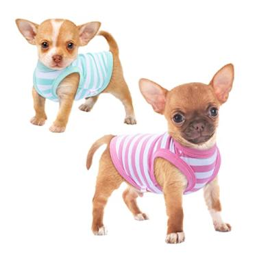 Imagem de Frienperro Camisa para cachorro, pacote com 2 roupas para cães pequenos meninas menino, roupas de chihuahua listradas de algodão respirável, roupas para filhotes de cachorro pequeno sem mangas roupa para gatos regata colete, verde e rosa P