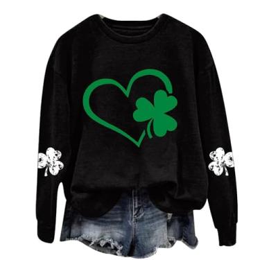 Imagem de Camiseta feminina do Dia de São Patrício de manga comprida verde trevo blusa casual 2024 Natal coração gráfico tops, #14 - Preto, G