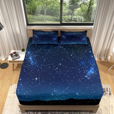 Imagem de Lençol Queen macio, macio, com bolsos profundos, 40,6 cm, cenário de galáxia, céu noturno, conjunto de 4 peças, 1 lençol com elástico, 1 lençol de cima e 2 fronhas, lençol com tema azul para crianças