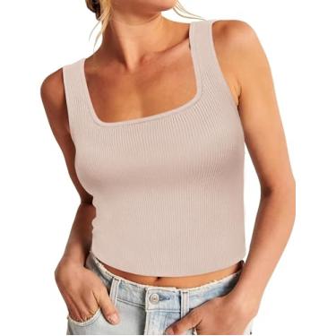 Imagem de Zeagoo Camiseta regata feminina de verão, gola quadrada, de malha canelada, sem mangas, suéter básico justo, Bege, GG
