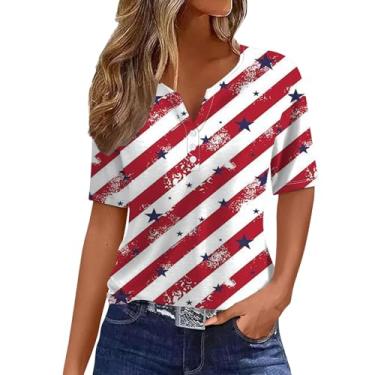 Imagem de Camiseta feminina Summer Dependence Day Henley com bandeira dos EUA, mangas curtas, casual, roupas de 4 de julho, Melancia vermelha - C, M