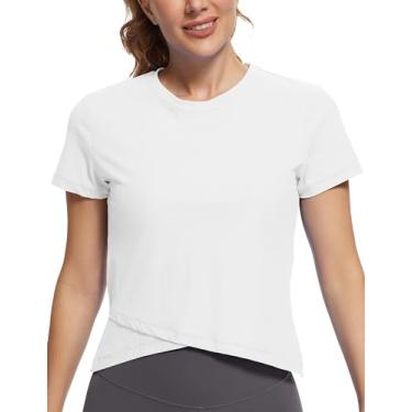 Imagem de MathCat Camisetas femininas de treino com bainha cruzada, manga curta, ioga, atlética, caneladas, sem costura, esportivas, respiráveis, Branco, GG