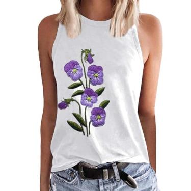 Imagem de PKDong Camiseta feminina de conscientização de Alzheimer, gola redonda, sem mangas, estampa de flores roxas, camisetas de verão, modernas, Branco, G